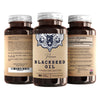 Huile de graines noires de première qualité en capsules molles brunes, contient 90 capsules végétaliennes, étiquette avec informations nutritionnelles.
