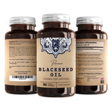 Huile de graines noires de première qualité en capsules molles brunes, contient 90 capsules végétaliennes, étiquette avec informations nutritionnelles.