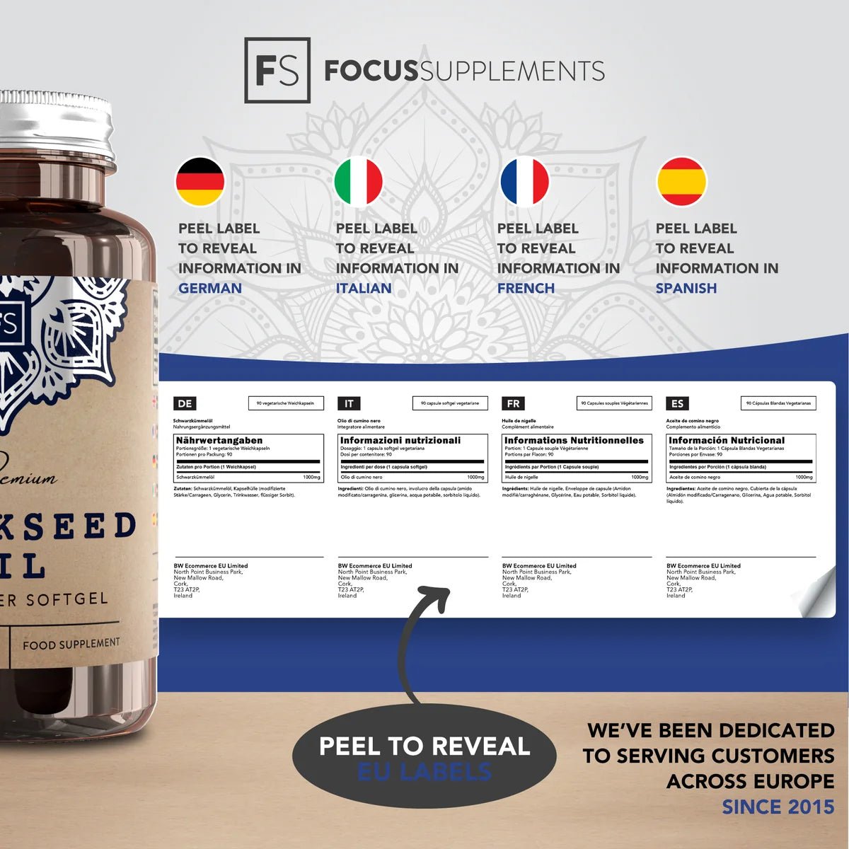 Huile de nigelle en verre marron avec bouchon blanc, étiquette avec description en plusieurs langues, informations nutritionnelles claires.