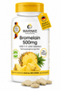 Complément alimentaire Bromélaïne 500 mg en flacon blanc avec bouchon jaune, morceaux d'ananas à côté et comprimés au premier plan.