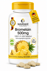 Complément alimentaire Bromélaïne 500 mg en flacon blanc avec bouchon jaune, morceaux d'ananas à côté et comprimés au premier plan.