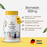 Complément alimentaire Bromélaïne 500 mg en flacon blanc avec couvercle jaune, contient 250 comprimés végétaliens avec enzyme d'ananas.