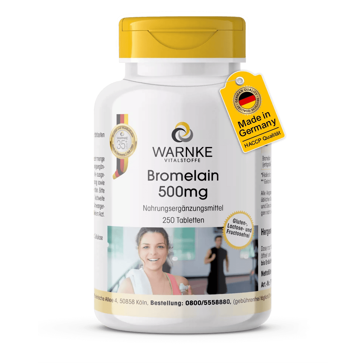 Complément alimentaire Bromélaïne 500 mg, 250 comprimés, végétalien avec flacon blanc et bouchon jaune, étiquette claire avec informations sur le produit.
