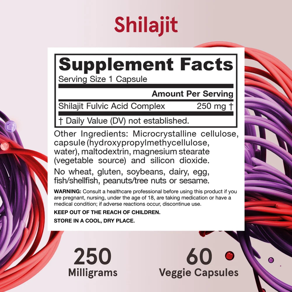 Cápsulas de Shilajit Fulvic Acid Complex en un frasco blanco con etiqueta y descripción negras, sobre un fondo colorido.