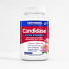 Capsule container with 42 white capsules. Branded "Candidase® Extra Strength" in red and blue with botanical motifs.