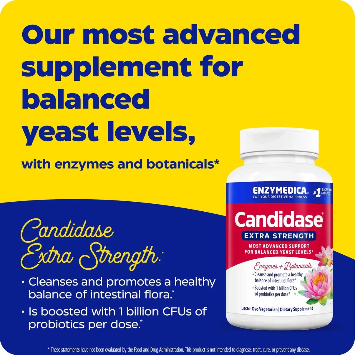 Candidase® Extra Strength in a white bottle with a red and blue label, showing product information and ingredients.