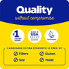 Quality labeling with text about Candidase® Extra Strength, with symbols for gluten-free, soy-free and without fillers.
