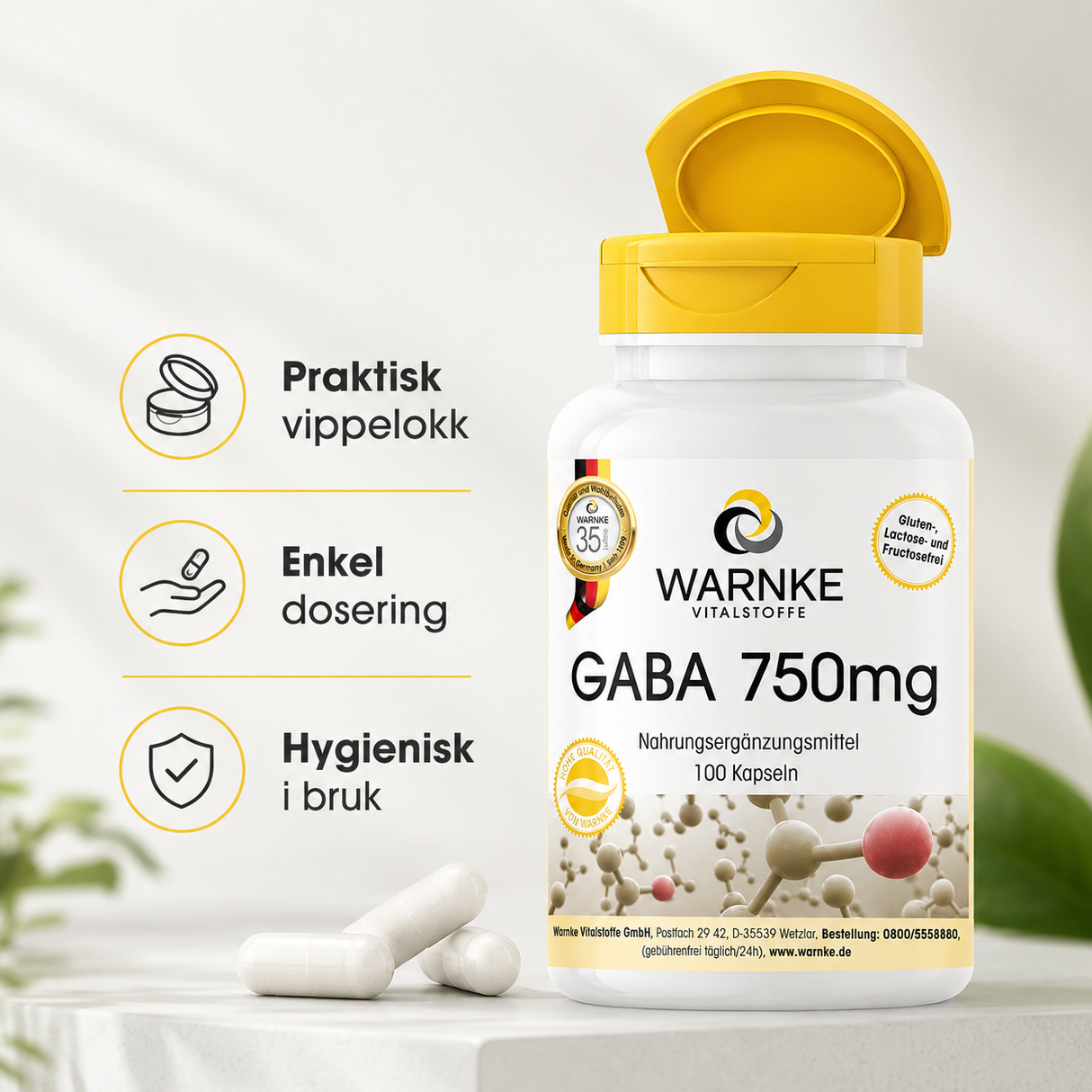 Praktisk beholder med gult vippelokk, inneholder 100 veganske kapsler med GABA 750 mg, hvite kapsler foran.