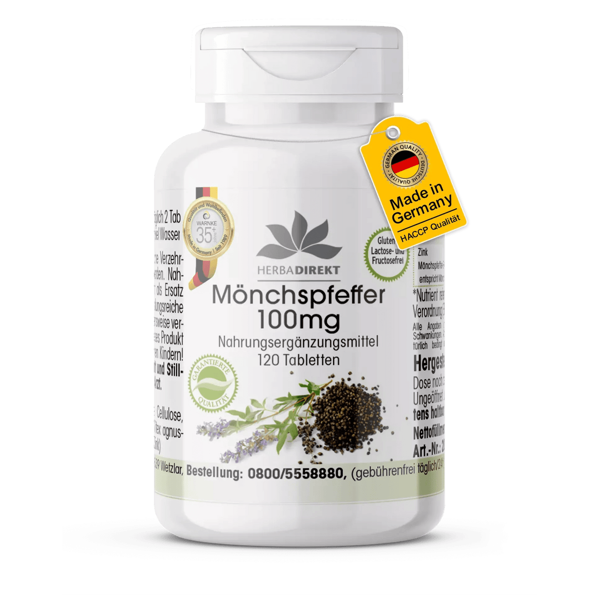 Munkpepper 100 mg kosttilskudd i hvit beholder med grønn etikett, inneholder 120 lettsvelgelige tabletter.