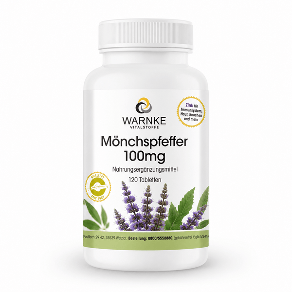Munkpepper 100 mg, 120 veganske tabletter, med lilla blomster på etiketten og grønn bakgrunn.