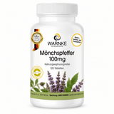 Hvit flaske med skrulokk, merket "Munkpepper 100mg" fra Warnke, med bilder av lilla blomster og grønne blader.