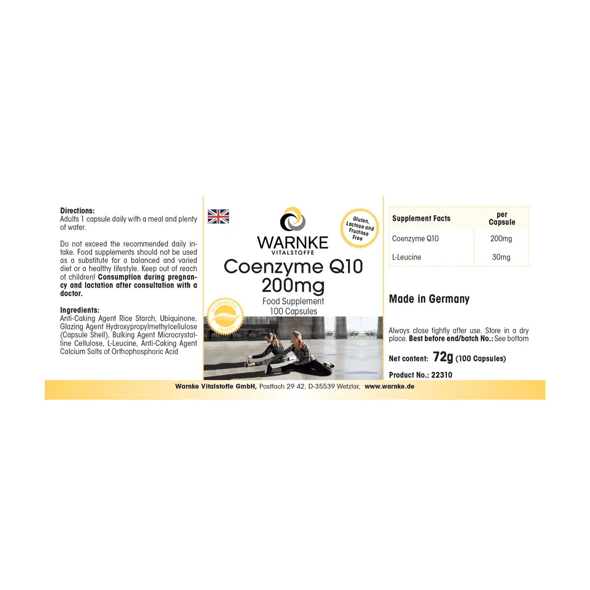 Coenzyme Q10 200 mg, 100 gélules végétaliennes dans une boîte oblongue avec couvercle rabattable, étiquette transparente avec informations.