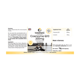 Coenzyme Q10 200 mg, 100 gélules végétaliennes dans une boîte oblongue avec couvercle rabattable, étiquette transparente avec informations.
