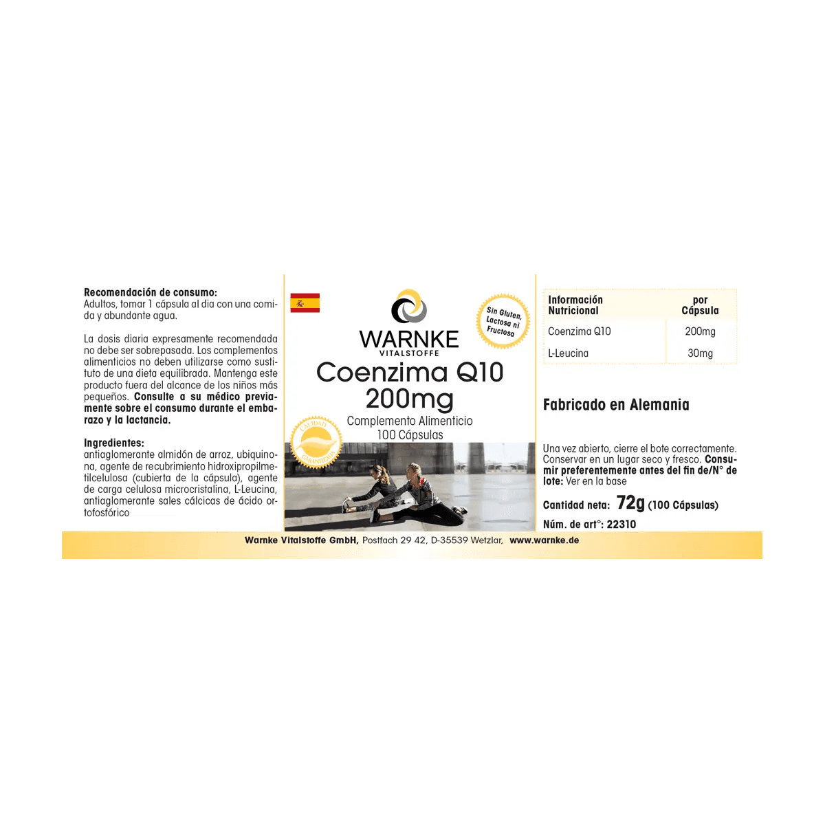 Capsules végétaliennes avec Coenzyme Q10 200 mg, paquet de 100 capsules, étiquette claire, fabriquées en Allemagne.