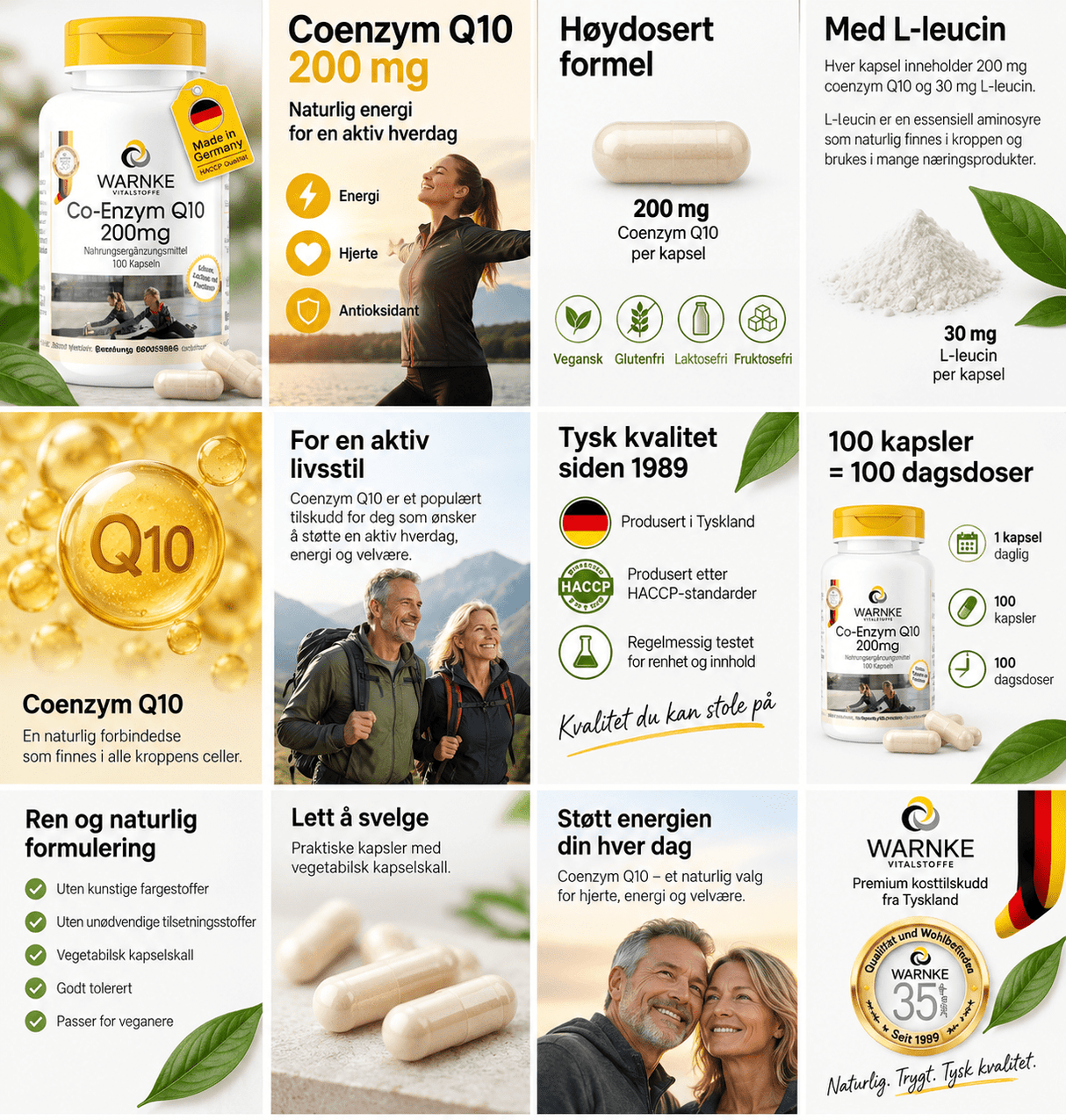 Capsules végétaliennes avec 200 mg de coenzyme Q10. Les capsules sont beiges et conditionnées dans une boîte blanche avec un couvercle jaune.