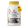 Coenzyme Q10 200 mg, gélules dans un récipient blanc avec couvercle jaune, contient 100 gélules.