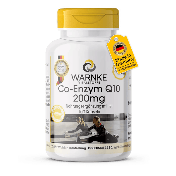 Coenzyme Q10 200 mg, gélules dans un récipient blanc avec couvercle jaune, contient 100 gélules.