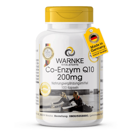 Coenzyme Q10 200 mg capsules in a white container with a yellow lid, contains 100 capsules.