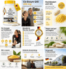 Coenzyme Q10 200 mg dans une boîte blanche avec couvercle jaune, capsules visibles sur la table, deux personnes en tenue d'entraînement souriantes.
