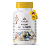 Kobber 3-kompleks 250 tabletter i hvit beholder med gul lokk, viser ingrediensmerker og produsert i Tyskland.