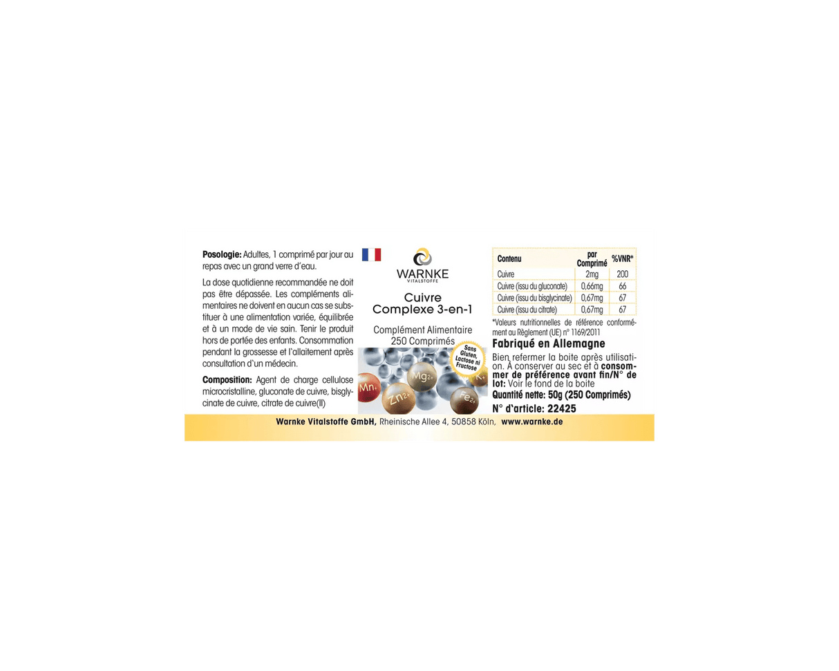 Kobber 3-kompleks tabletter, 250 stk, hver med 2 mg kobber, vegansk, uten kunstige tilsetningsstoffer.