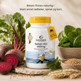 Betain HCl 650 mg er pakket i en hvit, plastbeholder med gul lokk, inneholder 120 veganske kapsler.