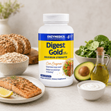 A bottle of Digest Gold® with ATPro® in focus, surrounded by oatmeal, wholemeal bread, avocado, oil, spinach and salmon with lemon.