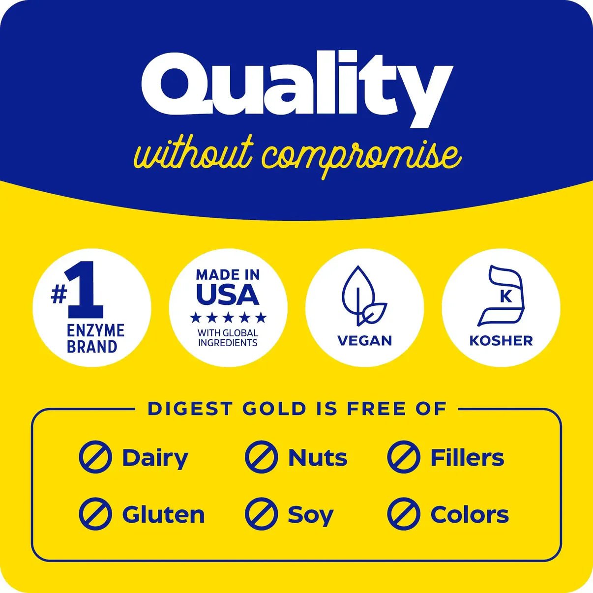 Quality mark in blue and yellow with text about enzymes, vegan and kosher, allergens tick: milk, nuts, gluten, soy, fillers, colours.