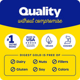 Quality mark in blue and yellow with text about enzymes, vegan and kosher, allergens tick: milk, nuts, gluten, soy, fillers, colours.
