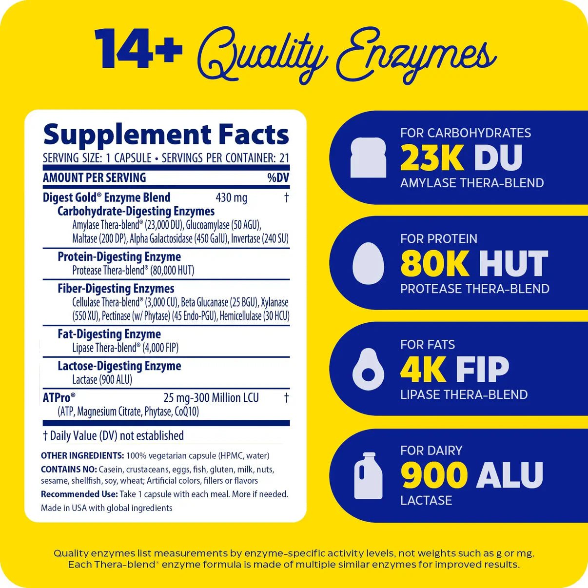 Digest Gold® with ATPro® in vegetable capsules with yellow and blue design, contains 240 capsules with 14+ enzymes.