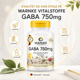Kapselbeholder med GABA 750 mg, vegansk, 100 kapsler, hvit med gul lokk, designet for enkel åpenhet.