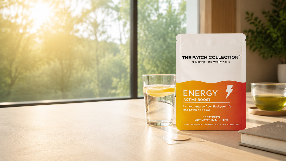 Wellness-plastret "Energy Patch" står på et bord ved vinduet. Plasteret har farverig emballage med gult og orange design, og der står et lille vandfyldt drikkeglas med citron på bordet.
