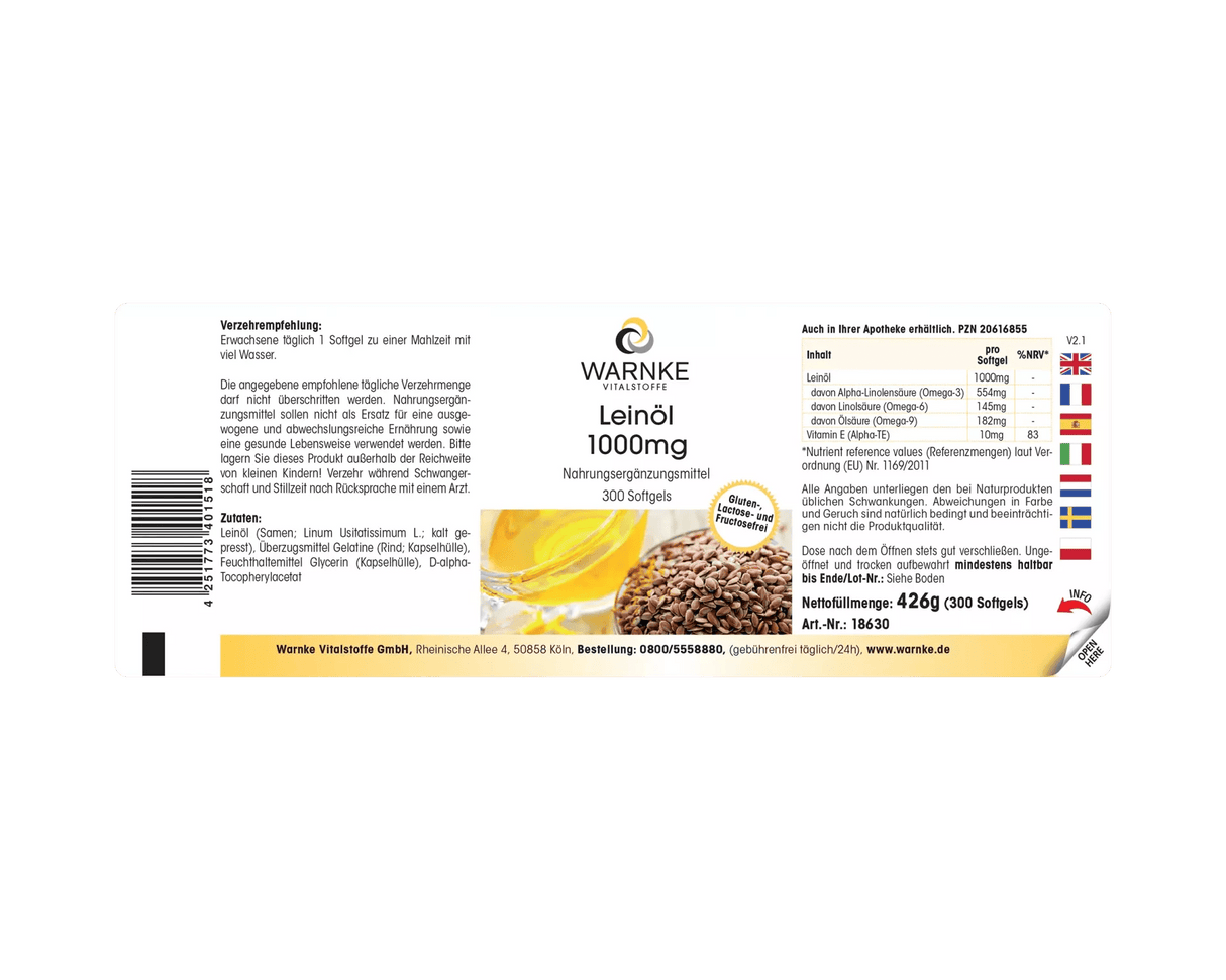 Flaxseed Oil 1000 mg - 300 softgels - with Vitamin E - for cell protection - Uno Vita AS