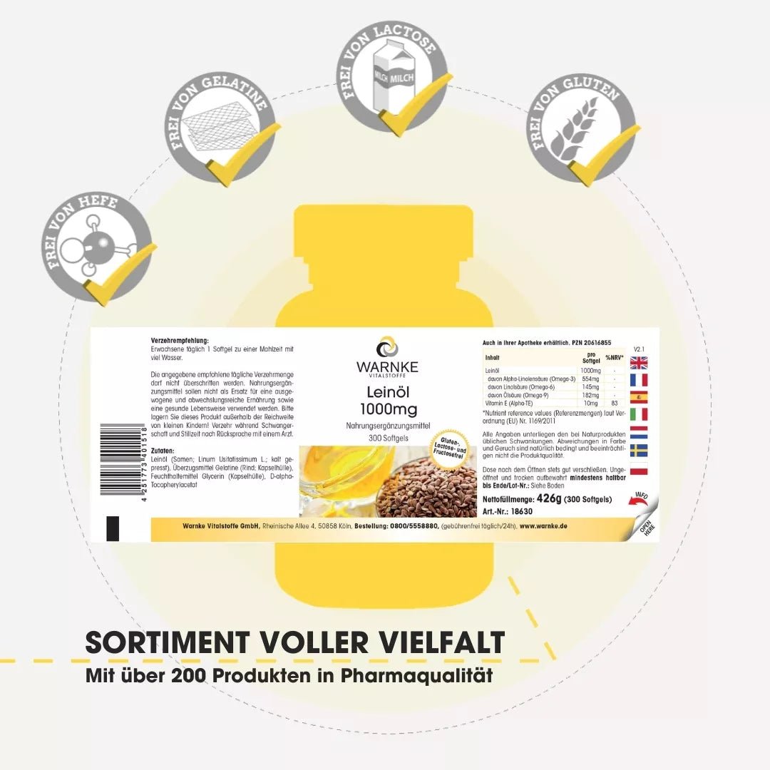 Flaxseed Oil 1000 mg - 300 softgels - with Vitamin E - for cell protection - Uno Vita AS