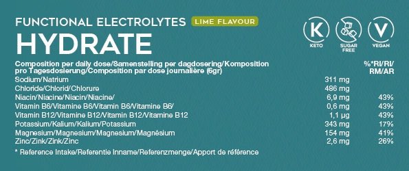 Functional electrolyte drink powder with lime, sugar-free, contains magnesium, potassium, sodium, chloride and B vitamins.