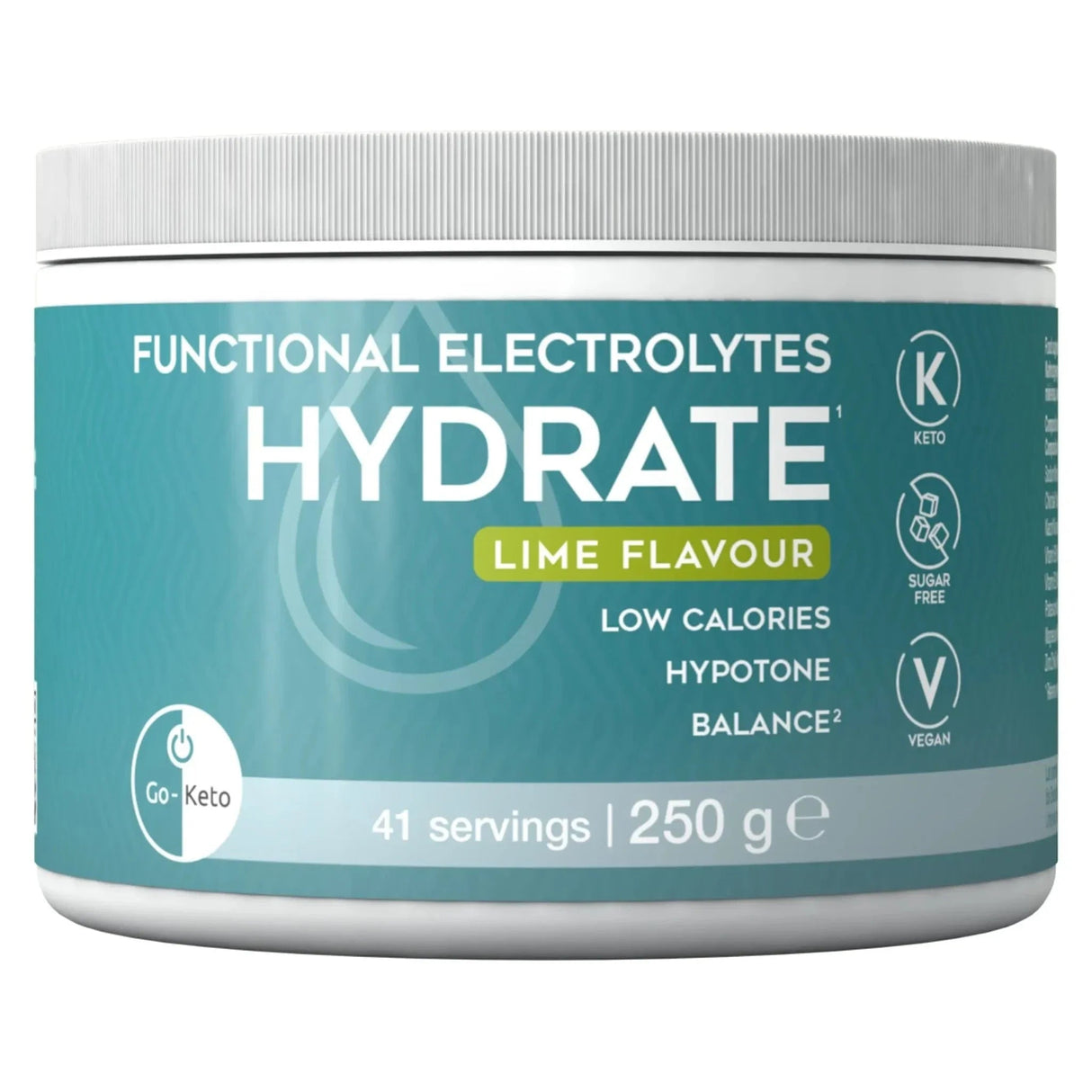 Functional electrolyte powder in a lime-flavored mint green container, 41 servings per box.