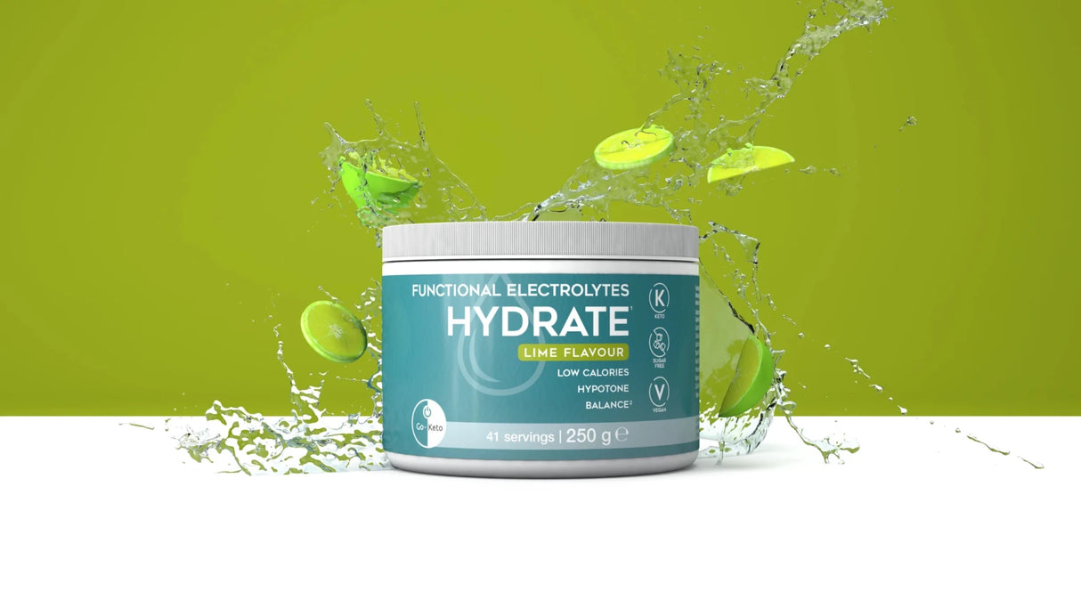 Functional electrolyte powder with paste, 250 g container, 41 servings, spraying water around.