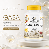 GABA 750 mg kapsler i en hvit beholder med gult lokk, inneholder 100 veganske kapsler.