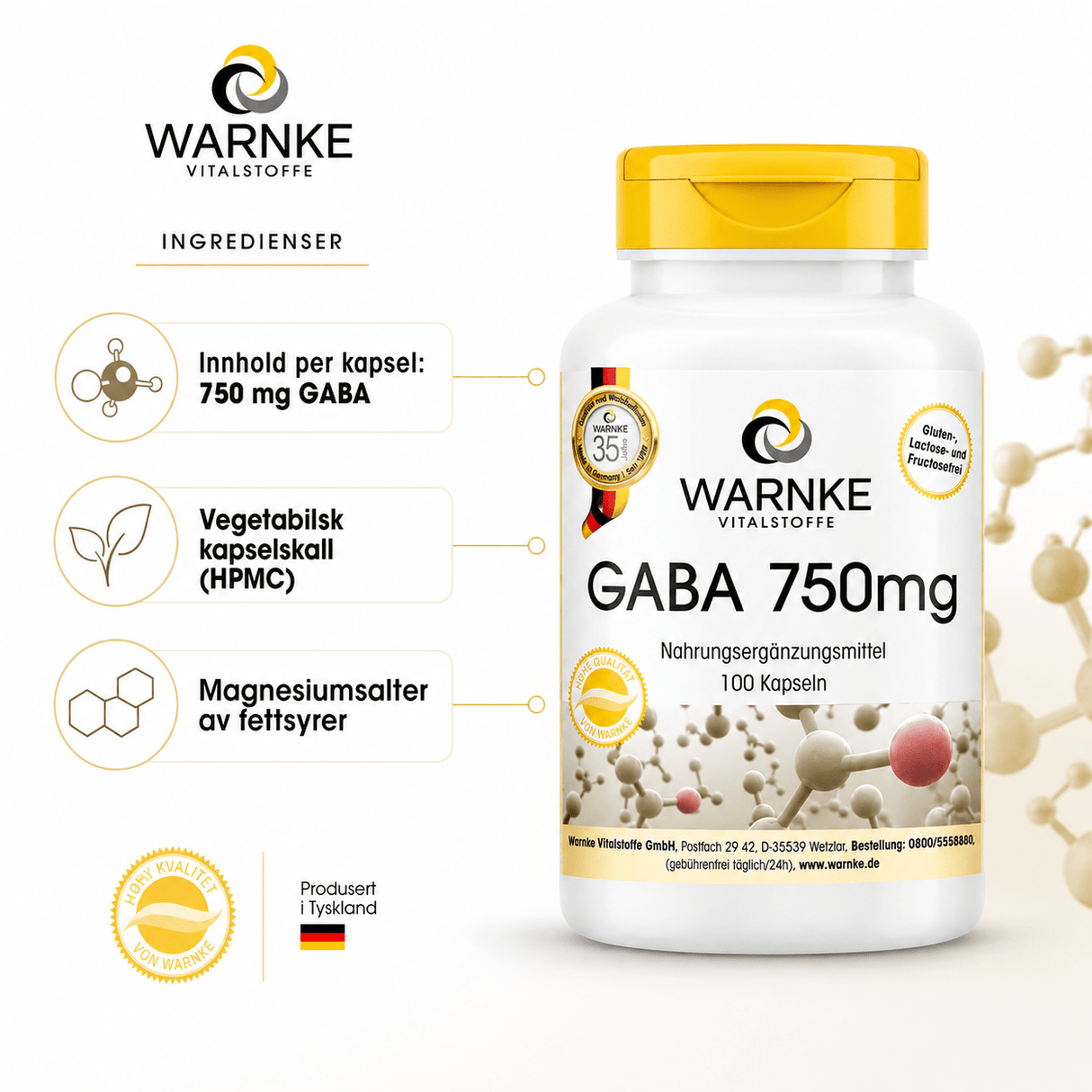 GABA 750 mg kapsler i en hvit beholder med gult lokk, 100 kapsler, tydelig dekorert med informasjon om produktet.