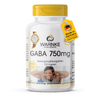 GABA 750 mg i hvit beholder med gulttopp, inneholder 100 veganske kapsler med 750 mg gamma-aminosmørsyre per kapsel.