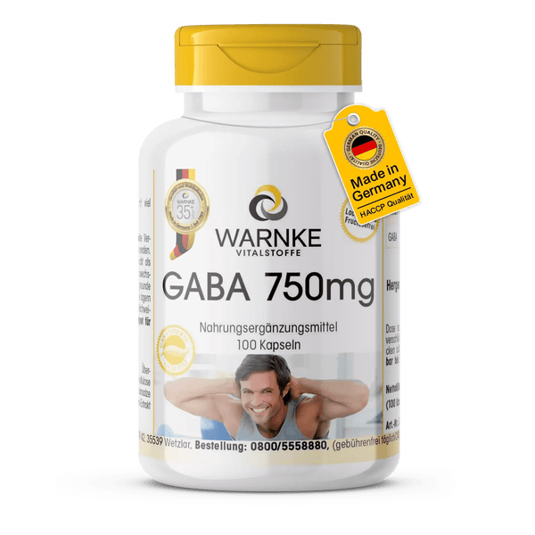 GABA 750 mg i hvit beholder med gulttopp, inneholder 100 veganske kapsler med 750 mg gamma-aminosmørsyre per kapsel.