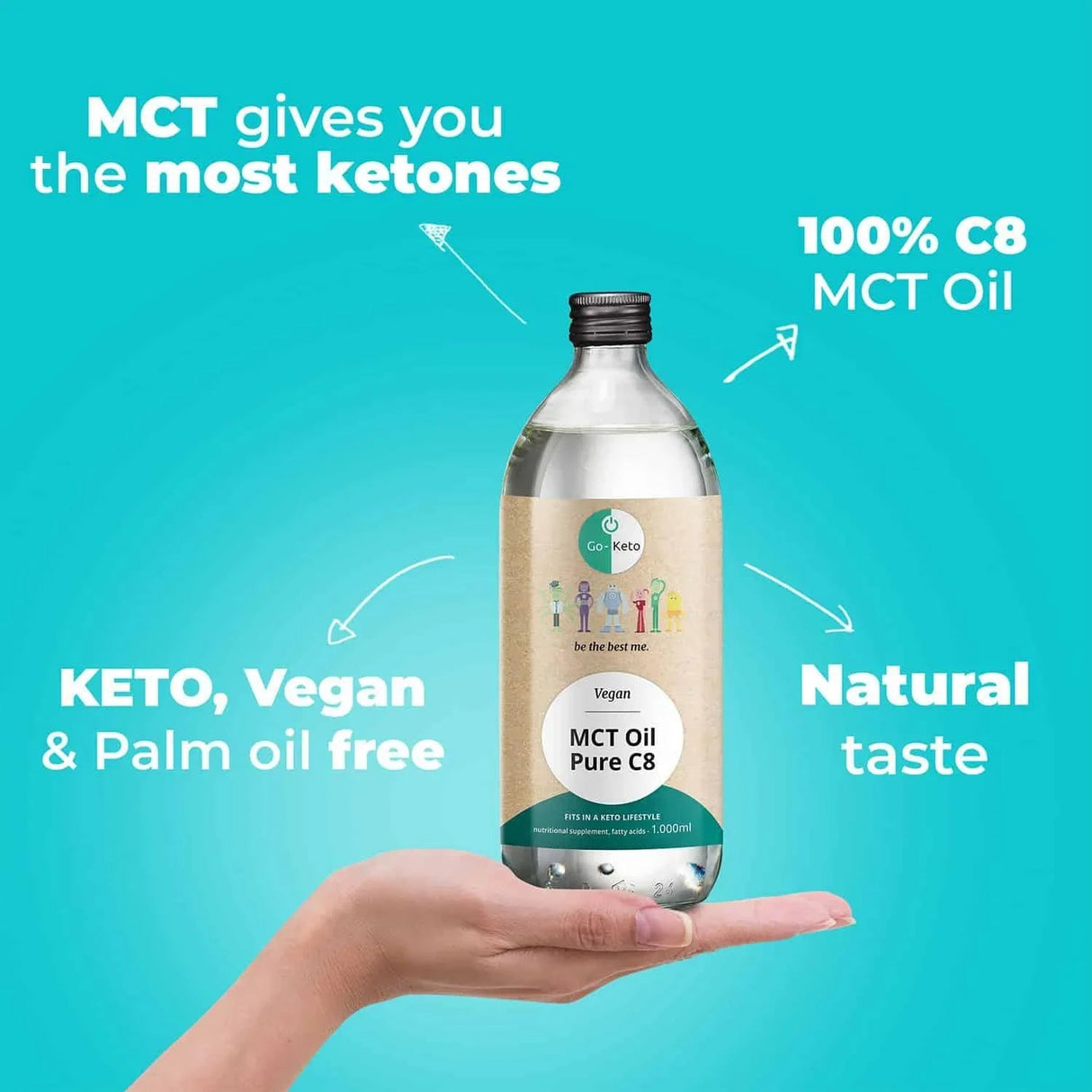 Go-Keto MCT Oil Pure C8 in a transparent PET bottle, 1000 ml, with a neutral taste and vegan.