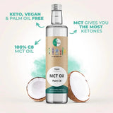 Huile GoKeto C8 MCT en bouteille en verre, 500 ml, avec noix de coco et étiquette avec des informations sur le végétalien et sans huile de palme.