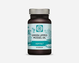 Cápsulas de aceite de mejillón de labios verdes con frasco de cristal oscuro, etiqueta en celeste y verde, 60 cápsulas en total.