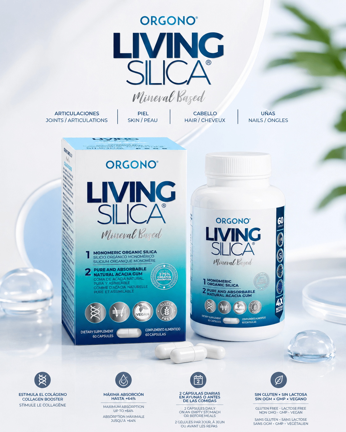 LIVING SILICA® kapsler i en hvit flaske med blå etikett, ved siden av en pakke. Kapslene er hele og runde.
