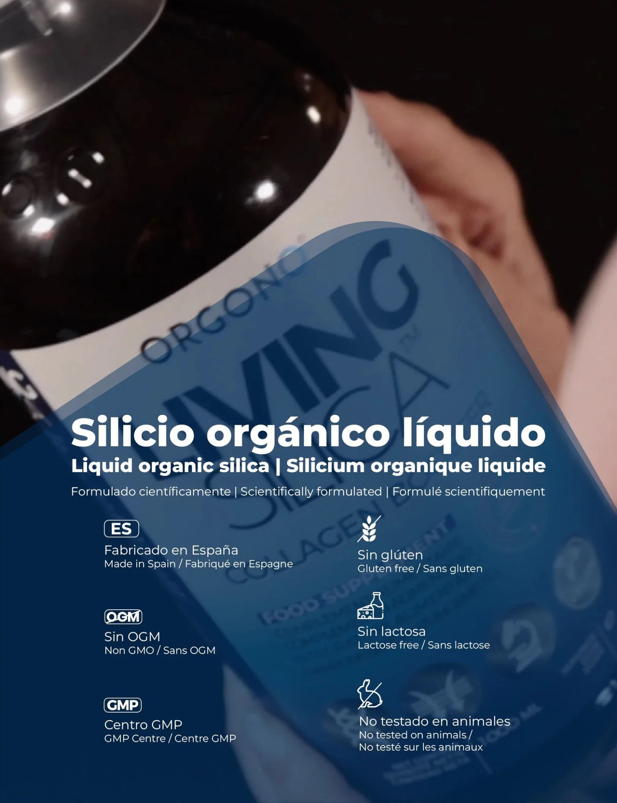 LIVING SILICA® Collagen Booster, 1000 ml pullo mustalla mattapinnalla, vegaaninen ja gluteeniton koostumus.
