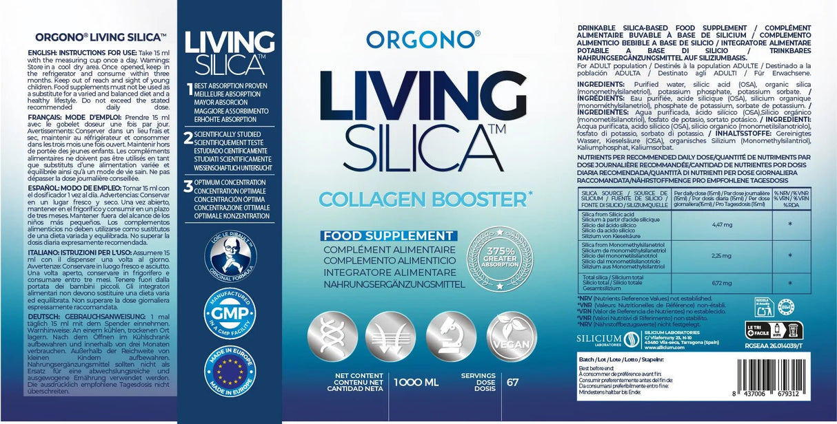 LIVING SILICA® Collagen Booster, nestemäinen ravintolisä 1000 ml pullossa, jossa sininen ja valkoinen etiketti.