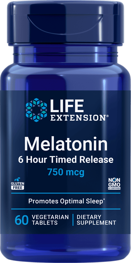 Eliniä pidentävä melatoniini 6 tunnin ajastettu vapautuminen 750 mcg, 60 kasvissyöjätablettia