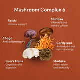 Mushroom Complex 6 med seks typer medisinske sopper, inkludert chaga, reishi, og lion's mane på en rød bakgrunn.