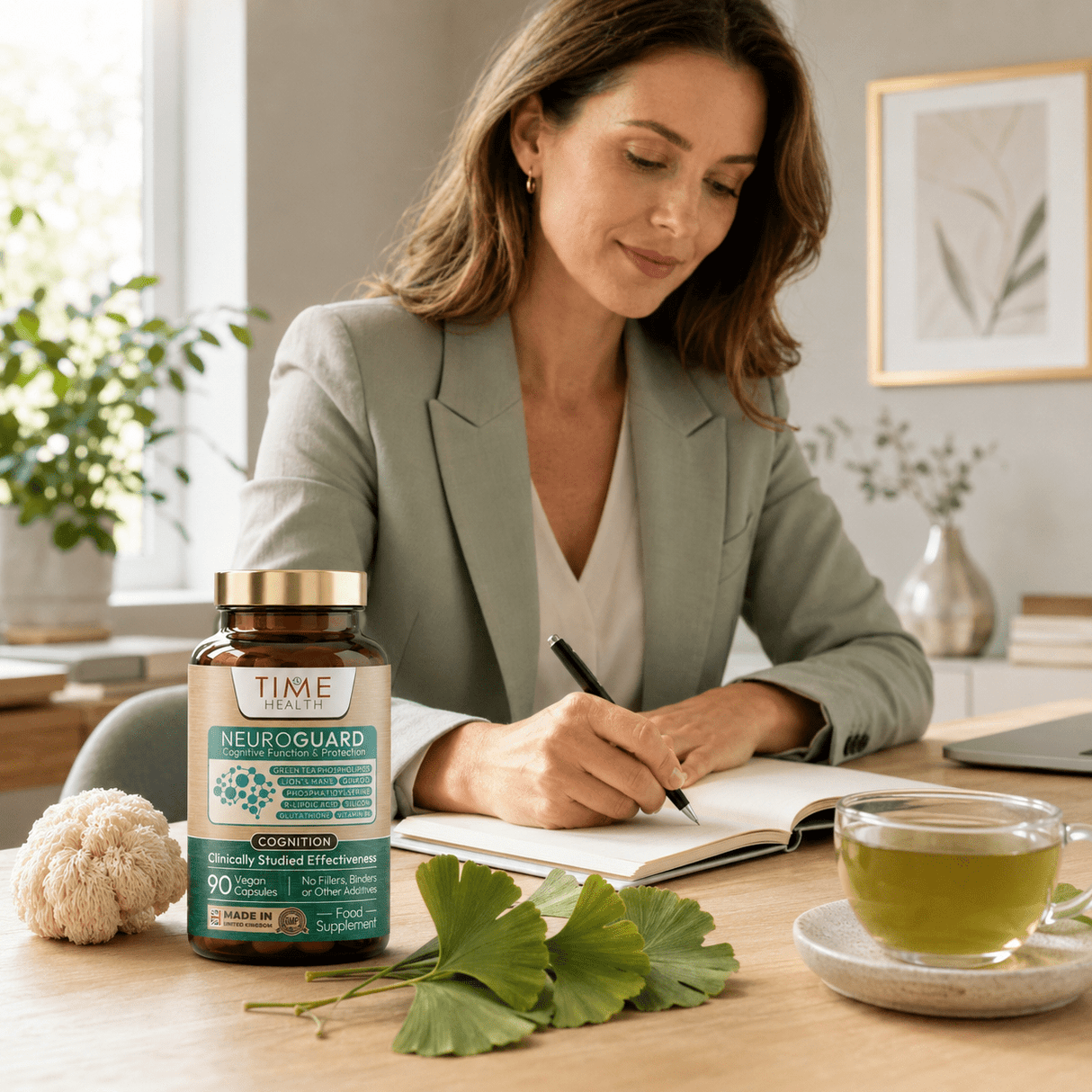 Femme aux cheveux bruns dans un blazer beige clair écrivant des notes, avec des capsules NeuroGuard et du thé vert sur la table.
